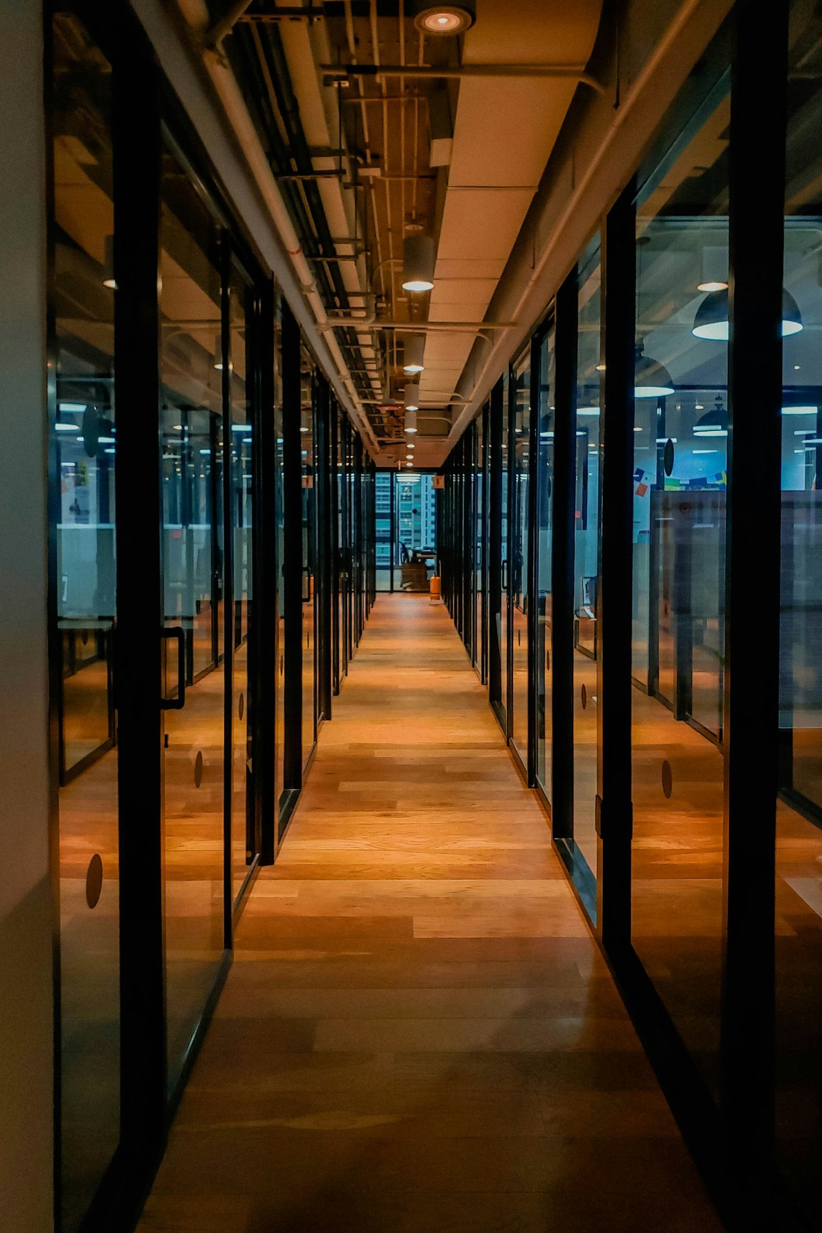 A modern office corridor in glass and timber
