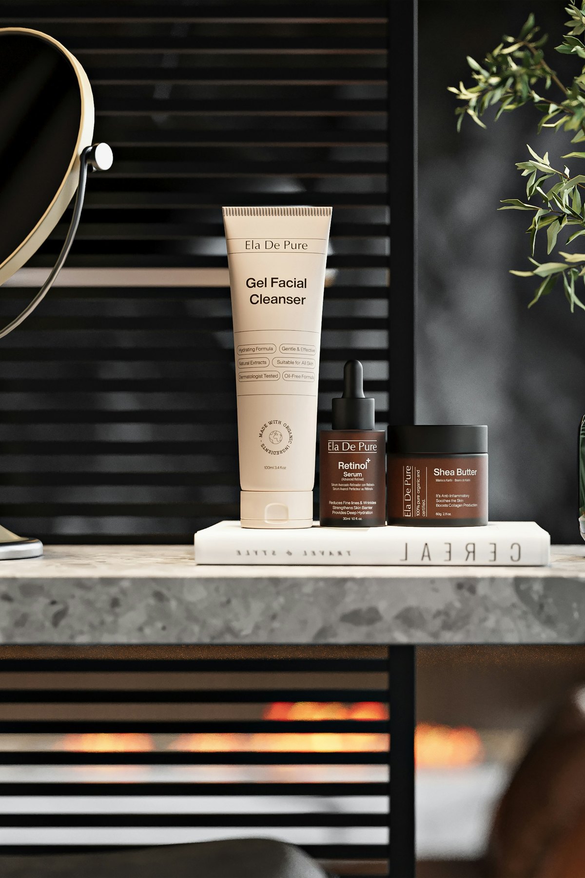 Skincare products arranged on a shelf near a mirror