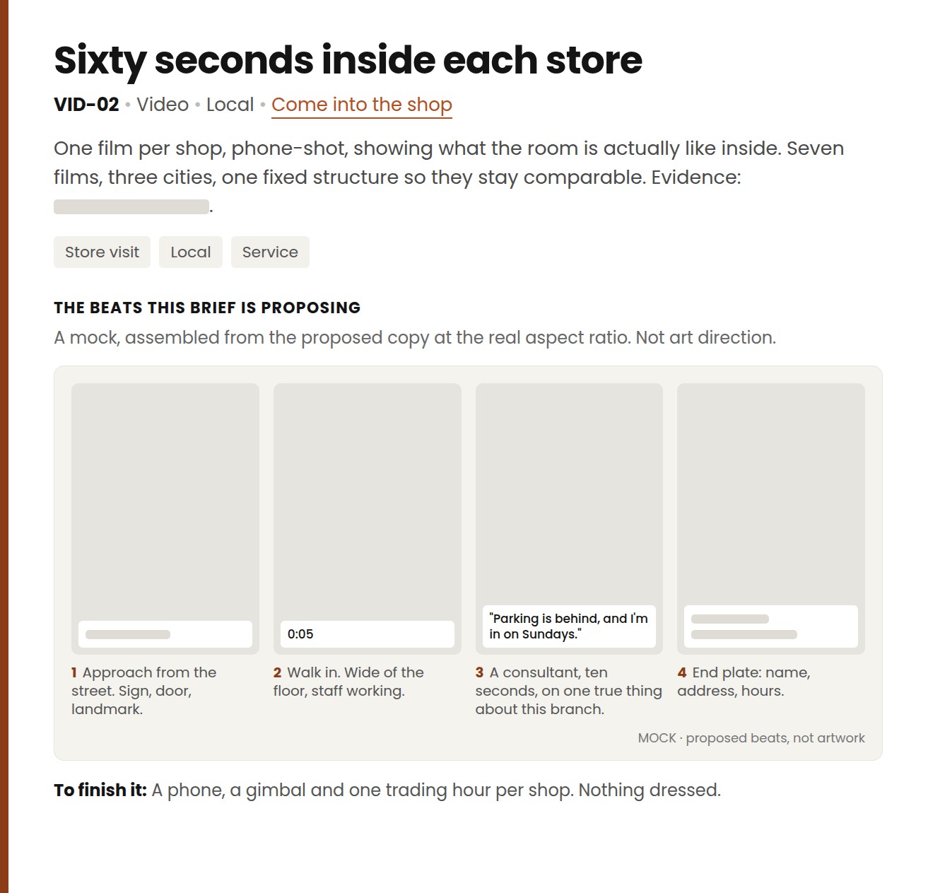 A single brief page with its four-frame mock, evidence redacted