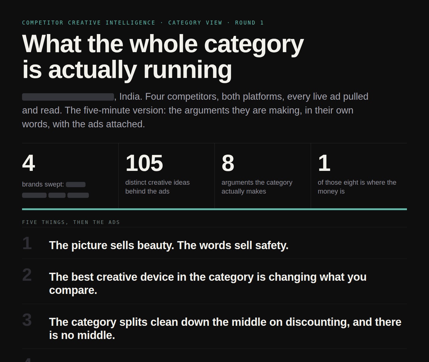 The first page of a category readout: what the whole category is actually running, with the counts and the findings, category and brand names redacted