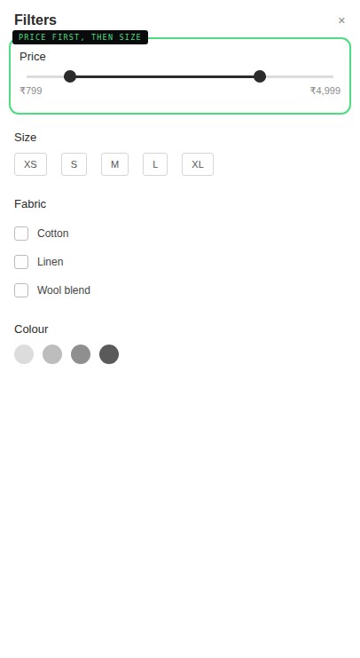 Listing · Filter drawer, price first