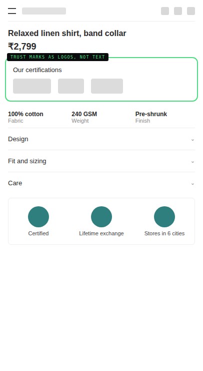 Schematic: a product page with certification logos and a trust row