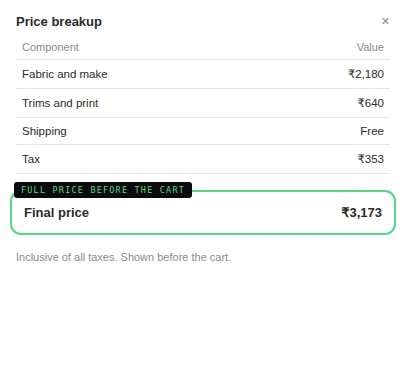 Schematic: a product page price breakup showing every component and the total